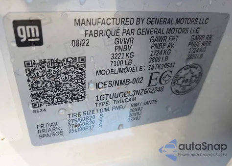 2022 GMC Sierra 1500 4Wd Short Box Denali/4Wd Short Box Denali Ultimate/4Wd Standard Box Denali z USA, uszkodzony, nr VIN 1GTUUGEL3NZ602248